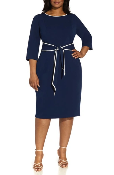 Shop Adrianna Papell Tipped Tie Waist Crepe Dress In Navy Sateen/ Ivory