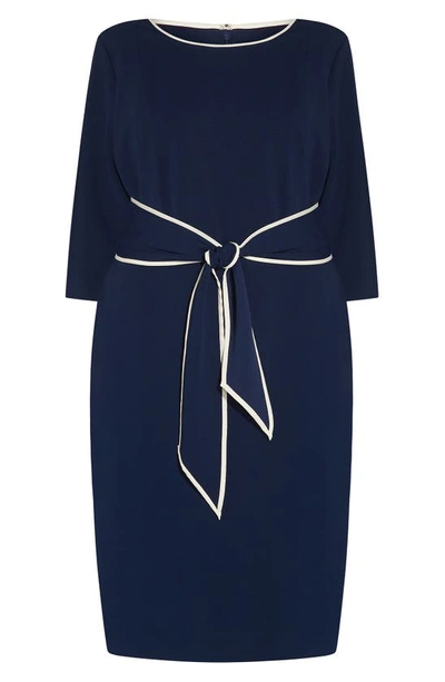 Shop Adrianna Papell Tipped Tie Waist Crepe Dress In Navy Sateen/ Ivory