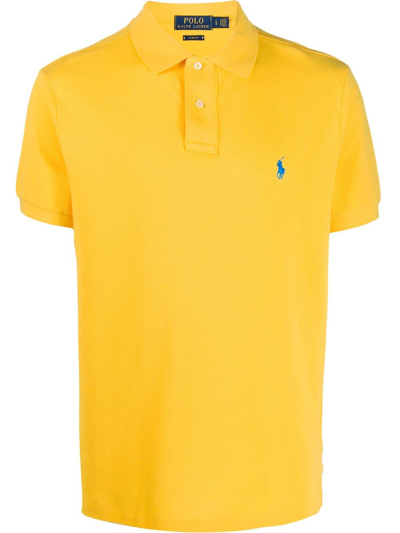 Shop Ralph Lauren Man Yellow And Blue Slim-fit Pique Polo Shirt In Giallo