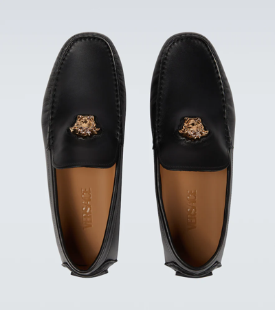 Shop Versace La Medusa Leather Loafers In Nero-oro