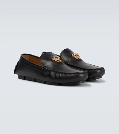 Shop Versace La Medusa Leather Loafers In Nero-oro