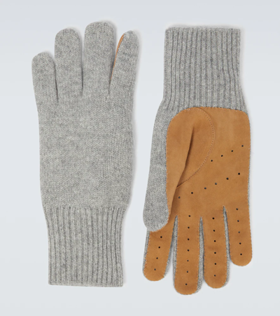 Shop Brunello Cucinelli Cashmere And Suede Gloves In Grigio Chiaro+camel