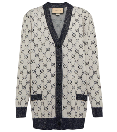 Shop Gucci Gg Metallic Jacquard-knit Cardigan In Ivory/blue