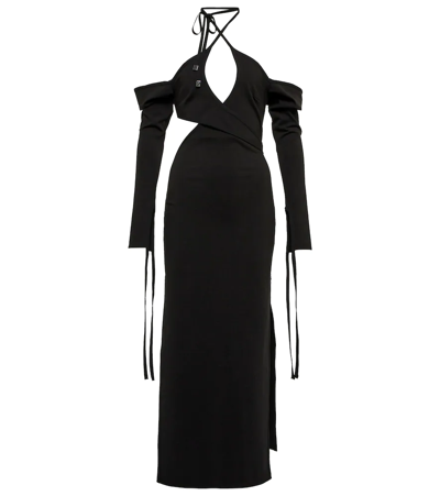 Attico Greta Wrap-effect Cutout Cotton-blend Halterneck Midi Dress In Black