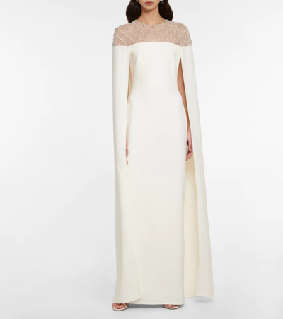 Shop Safiyaa Bridal Embellished Crêpe Cape Gown In Ivory And Ivory With Crystal