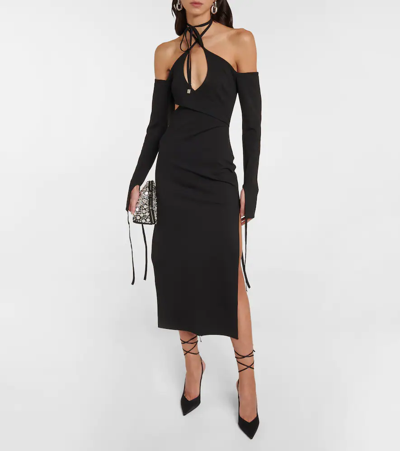 Attico Greta Wrap-effect Cutout Cotton-blend Halterneck Midi Dress In Black