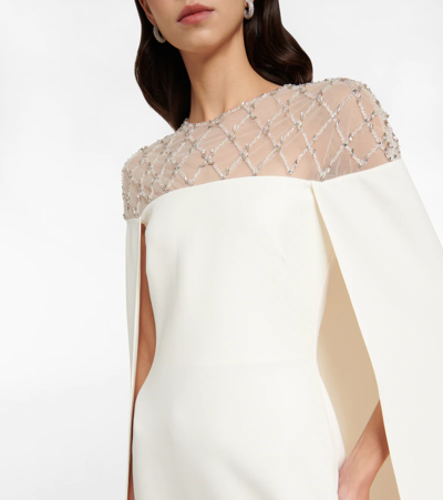 Shop Safiyaa Bridal Embellished Crêpe Cape Gown In Ivory And Ivory With Crystal