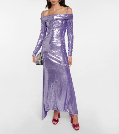 Shop Attico Fanny Sequined Off-shoulder Gown In Lilac