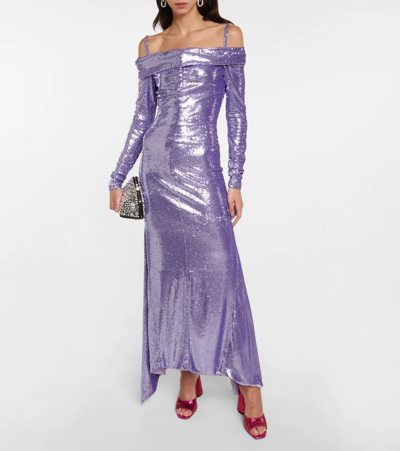 Attico Fanny Sequined Off-shoulder Midi Dress In Lilac