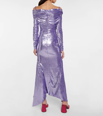 Shop Attico Fanny Sequined Off-shoulder Gown In Lilac