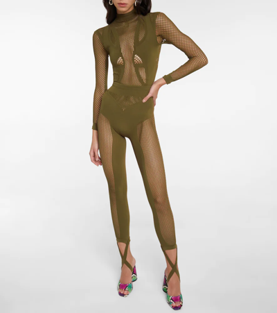 Attico Jersey And Mesh Stirrup Leggings In Olive