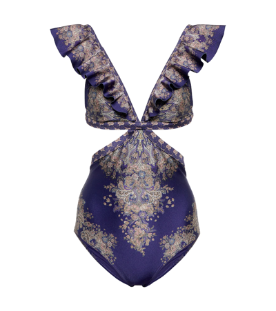 Shop Zimmermann Anneke Ruffled Swimsuit In Indigo Paisley