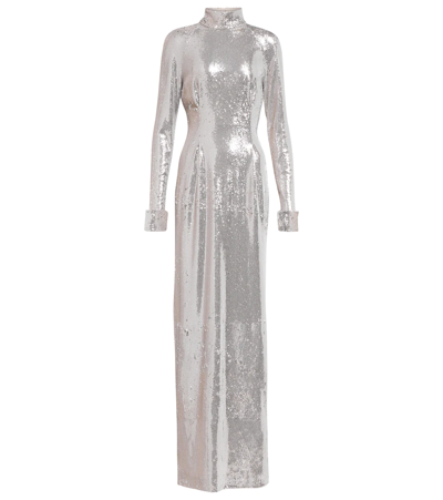 Long-sleeved Sequined Gown In Silvery