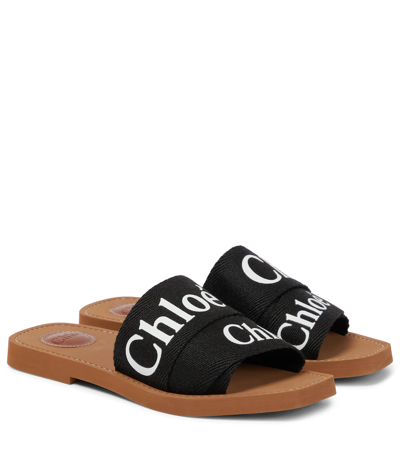 Shop Chloé Woody Linen Slides In Black