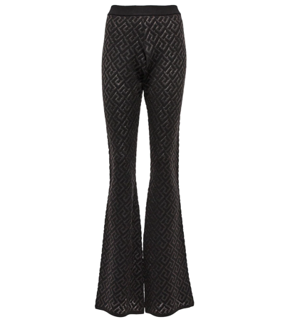 Shop Versace La Greca Wool-blend Flared Pants In Black