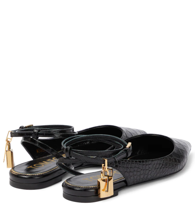 Shop Tom Ford Padlock Snake-effect Leather Slingback Flats In Black