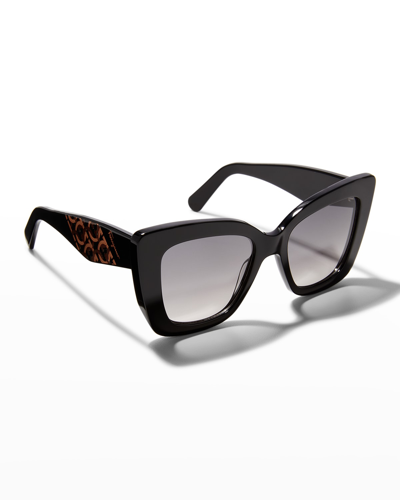 Shop Ferragamo Gancio Acetate Butterfly Sunglasses In Black