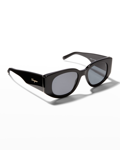 Shop Ferragamo Thick Oval Acetate Sunglasses In Black