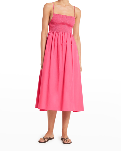 Shop Faithfull The Brand Bryssa Shirred-bodice Cotton Midi Dress In Hot Pink