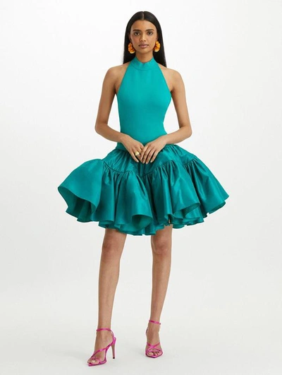 Shop Oscar De La Renta Knit Halter Body & Taffeta Skirt Dress In Seagreen