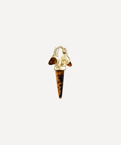 Maria Tash 18ct Gold 6.5mm Triple Long Tiger S Eye Spike Diamond Eternity Single Hoop Earring In Gold