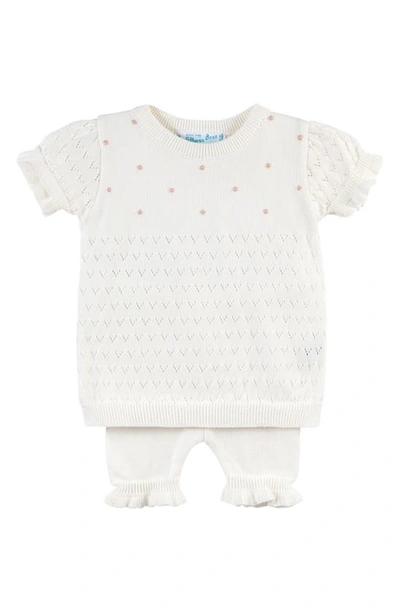 Feltman Brothers Pointelle Knit Short Sleeve Cotton Sweater & Pants Set In Ivory