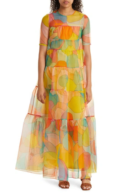Shop Staud Hyacinth Patchwork Paisley A-line Organza Dress In Citrus Kaleidoscope