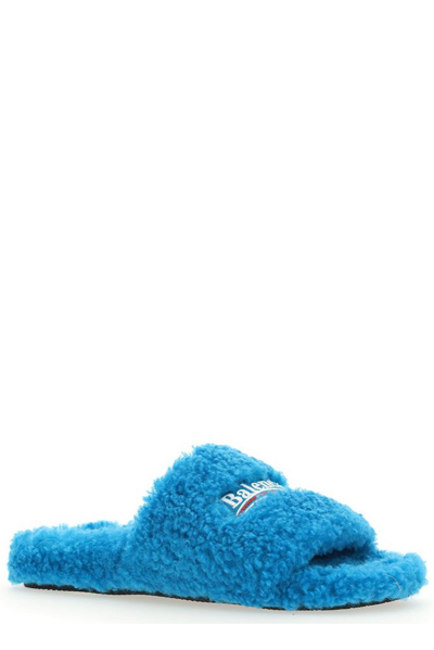 Shop Balenciaga Logo Embroidered Furry Slides In Blue