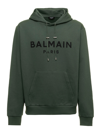 Balmain Mans Green Cotton Hoodie With Logo Print In Green