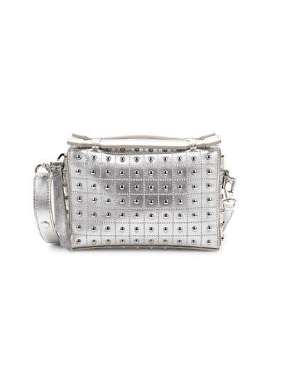 Shop Tod's Women's Don Studded Metallic Leather Crossbody Bag In Silver
