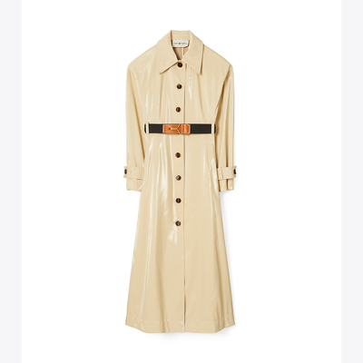 Shop Tory Burch Coated Trench In Sand Khaki / Matte Powder Gray