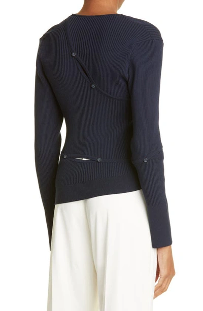 Shop Jacquemus Le Cardigan Tordu Ribbed Cutout Sweater In Navy