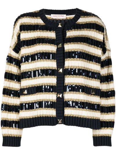 Valentino Rockstud Ribbed Sequin Stripe Cotton Blend Cardigan In Nude