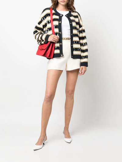 Valentino Rockstud Ribbed Sequin Stripe Cotton Blend Cardigan In Nude