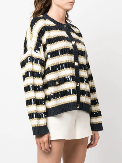 Valentino Rockstud Ribbed Sequin Stripe Cotton Blend Cardigan In Nude
