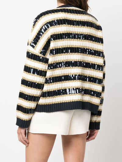 Valentino Rockstud Ribbed Sequin Stripe Cotton Blend Cardigan In Nude