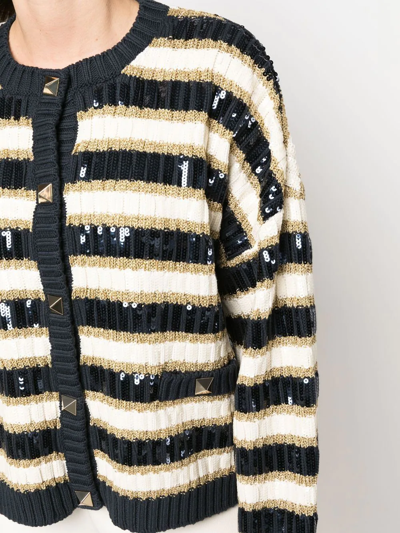 Valentino Rockstud Ribbed Sequin Stripe Cotton Blend Cardigan In Nude