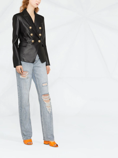 Balmain Double-breasted Leather Blazer In Schwarz