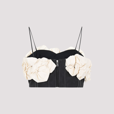 Shop Ganni Rose-appliqué Taffeta Crop Top In Black