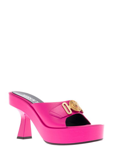 Shop Versace Woman's Pink Leather Mules With Metal Medusa Logo In Fuxia