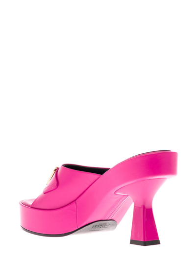 Shop Versace Woman's Pink Leather Mules With Metal Medusa Logo In Fuxia