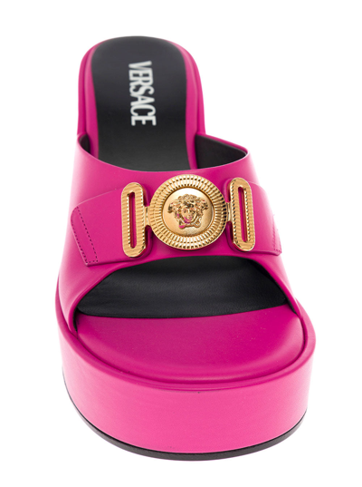 Shop Versace Woman's Pink Leather Mules With Metal Medusa Logo In Fuxia