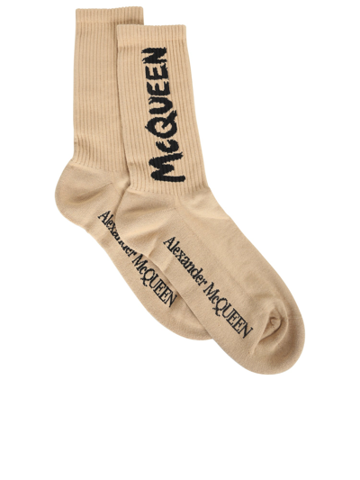 Shop Alexander Mcqueen Cotton Socks Featuring The Mcqueen Graffiti Logo In Beige