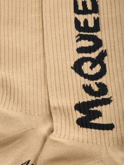 Shop Alexander Mcqueen Cotton Socks Featuring The Mcqueen Graffiti Logo In Beige