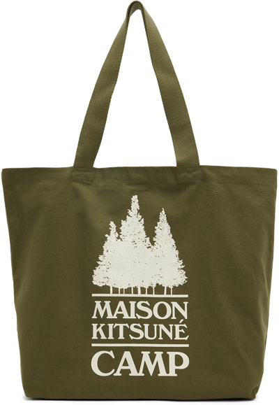 Shop Maison Kitsuné Khaki ' Camp' Tote In P396 Dark Khaki