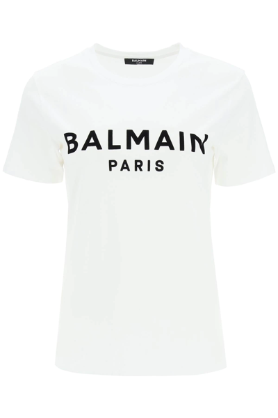 Shop Balmain Flocked Logo T-shirt In White,black
