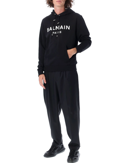 Shop Balmain Logo Hoodie In Black White