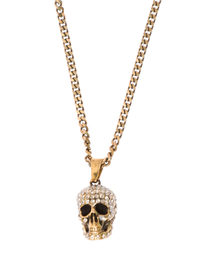 Shop Alexander Mcqueen Womans Pave Skull Golden Brass Necklace With Skull Pendant Detail In Metallic