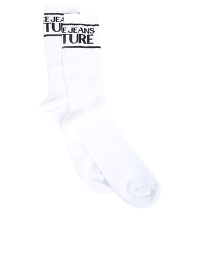 Shop Versace Jeans Couture Intarsia-knit Logo Ankle Socks In White