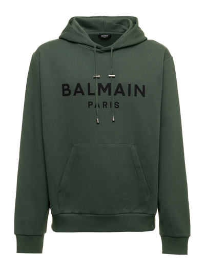 Shop Balmain Mans Green Cotton Hoodie With Logo Print